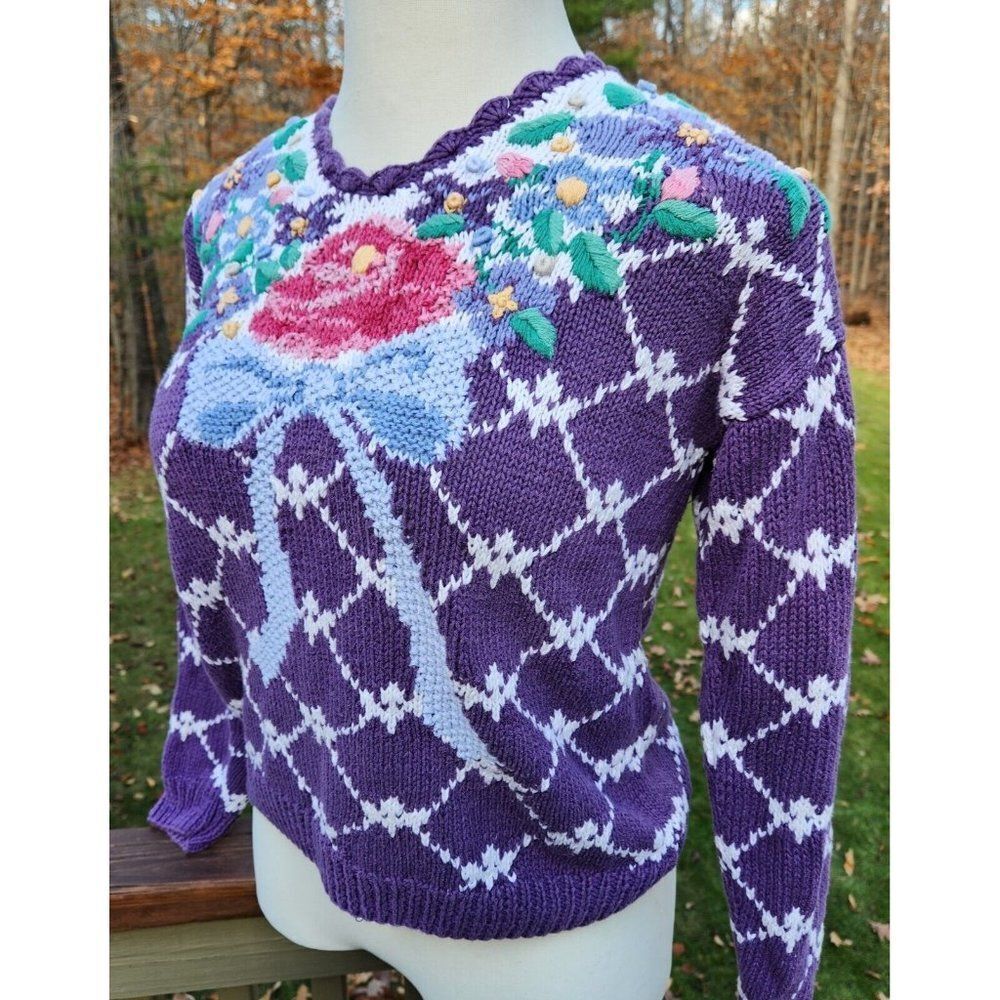 Signatures By Northern Isles Sweater 1990s Floral Bow Hand Knit Cotton Medium - Picture 3 of 7